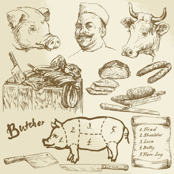 meat, butcher - hand drawn collection