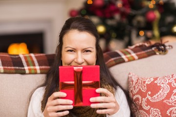 Pretty brunette woman holding christmas gift