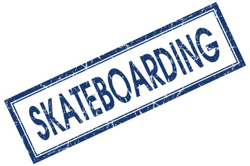skateboarding blue square stamp isolated on white background
