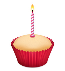 Cupcake with pink birthday candle.