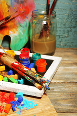 Beautiful still life with professional art materials, close up