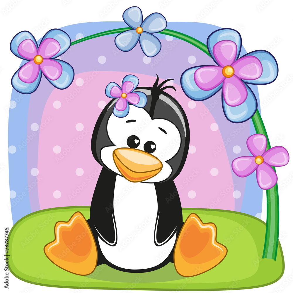 Wall mural penguin with flowers