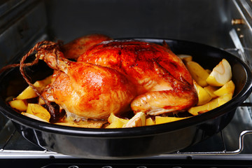 Fototapeta premium Delicious baked chicken in oven close-up