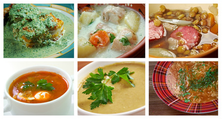 Food set of different traditional soups.