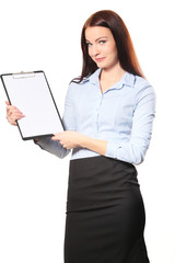 businesswoman happy smile writing on clipboard sign up contract,