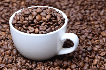 Fototapeta premium cup with coffee grains on a coffee beans background