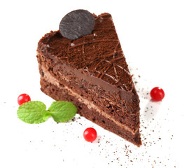 Yummy chocolate cake isolated on white