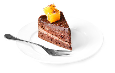 Yummy chocolate cake with orange, close-up