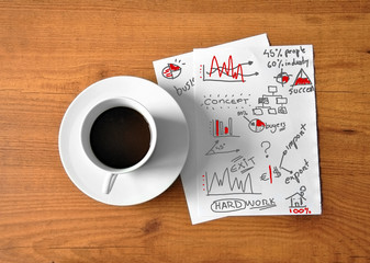 coffee with digital tablet and analytical paper