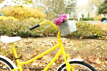 Fototapeta na wymiar Beautiful yellow bicycle in autumn park with bouquet of