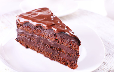 Delicious chocolate cake on plate on table on light background