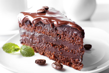 Delicious chocolate cake on plate on table on light background