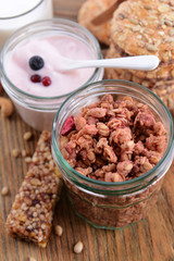 Healthy breakfast. Granola on table