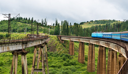 Train going across the bridge in the Carpathians