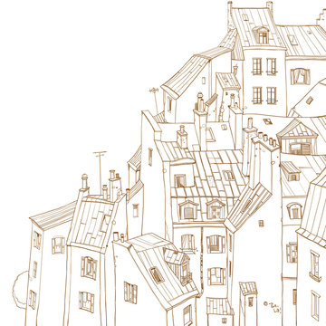 Roofs of Paris, view from above, outline drawing