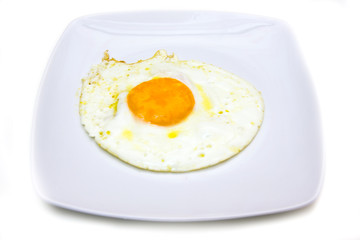 Fried egg on plate on white background