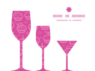 Vector colorful cupcake party three wine glasses silhouettes