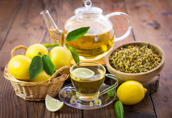 Hot chamomile tea with lemon
