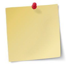 Yellow sticky note with drawing-pin isolated