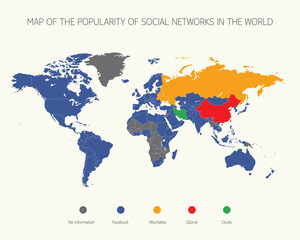Fototapeta na wymiar Map of the popularity of social networks in the world