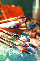 Obraz premium Beautiful still life with professional art materials, close up