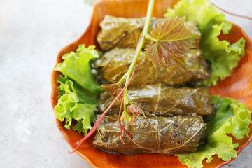 Dolma grape leaves, top view