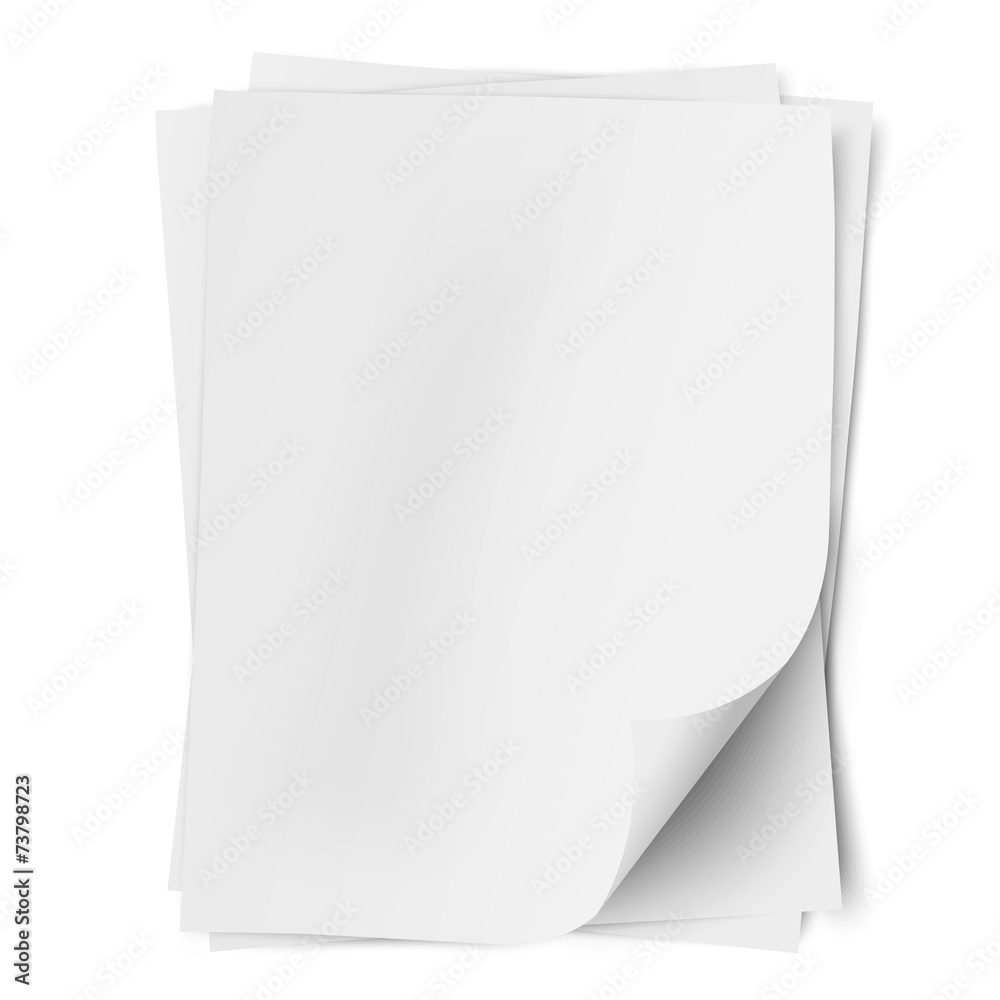 Wall mural stack of empty white sheets of paper with one deflected corner