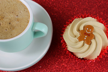 Christmas Food Hot chocolate and Cupcake on red glitter backgrou