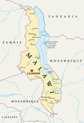 Malawi Political Map - obrazy, fototapety, plakaty