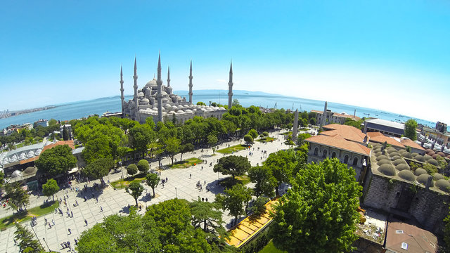 Panoramic view of Sultanahmet Cami and Square from above