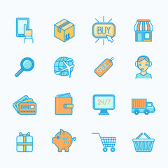Shopping e-commerce icons set flat line