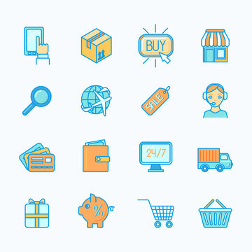 Shopping e-commerce icons set flat line