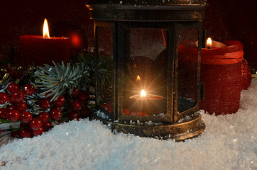 xmas night red candles pine in the cold dark christmas