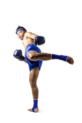 Muay thai, Asian man exercising thai boxing isolated on white