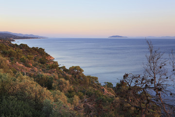 Beautiful scenery of the Aegean coast at sunset.