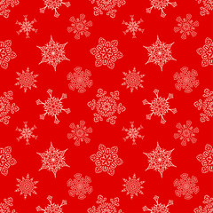 Seamless Christmas red pattern with drawn snowflakes
