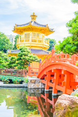 Gold Chinese pavilion at the park of Hong Kong