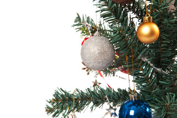 Close up of christmas tree with ornament, bauble, and decoration