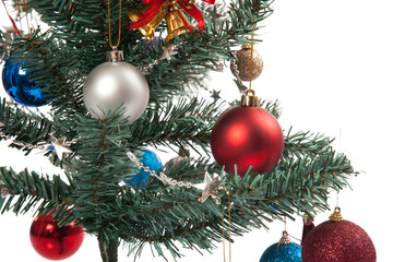 Close up of christmas tree with ornament, bauble, and decoration