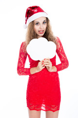 Girl in a Christmas hat holding banners in the form of clouds