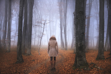 Obraz premium Woman in fairytale foggy forest during autumn
