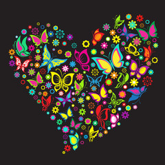 Vector illustration of the butterfly and flowers in heart shape. - 73815166