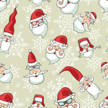 Santa Claus faces ,snowflakes seamless pattern