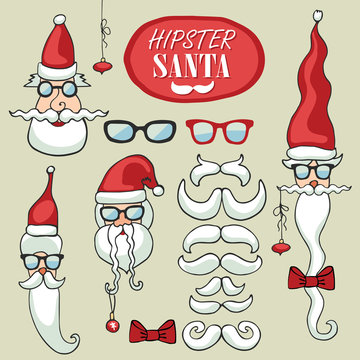 Hipster Santa Claus faces set.Funny doodle