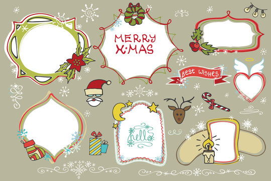 Christmas Doodles set.Badges,labels with holiday icons