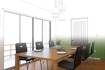 sketch design of dining ,3d wireframe render 