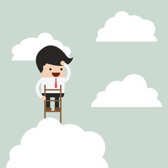 Businessman climbing up a ladder to above the clouds and looking