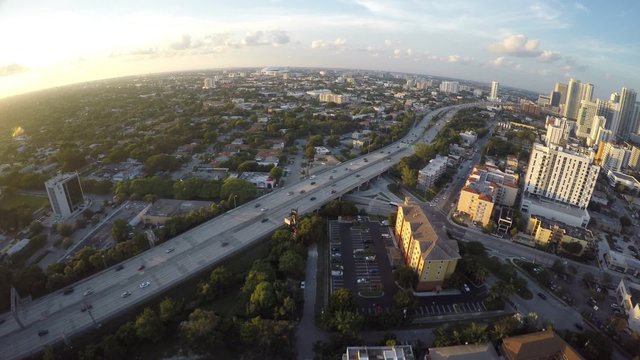 Aerial Brickell Miami and I95 at dusk