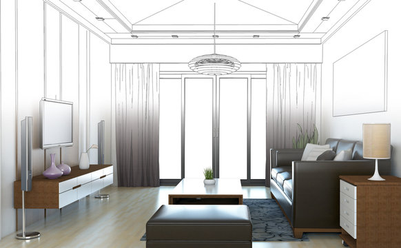 sketch design of living room ,3dwire frame render 