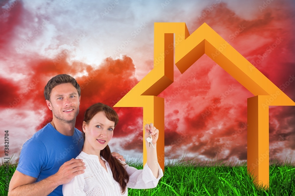 Poster composite image of couple holding keys to home